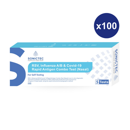 Sonictec RSV, Influenza A/B & Covid-19 Rapid Antigen Combo Test 100 x packs of 5 tests (500 x tests) Carton