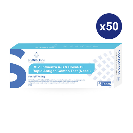 Sonictec RSV, Influenza A/B & Covid-19 Rapid Antigen Combo Test 50 x packs of 5 tests  (250 x tests)