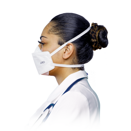 Woman wearing white AMD P2 mask for protection in healthcare setting