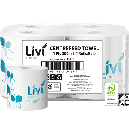 Centrefeed towel 1 ply 300m 4 rolls per bale