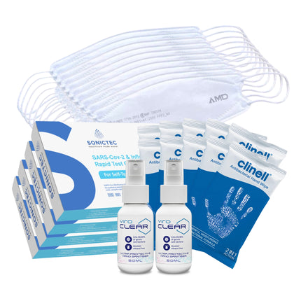 Travel Safe Pack (Family): P2 Masks, Hand Sanitiser, Wipes, Flu/COVID-19 RATs